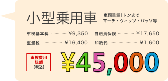 小型乗用車 車検費用総額（税込）48,500円